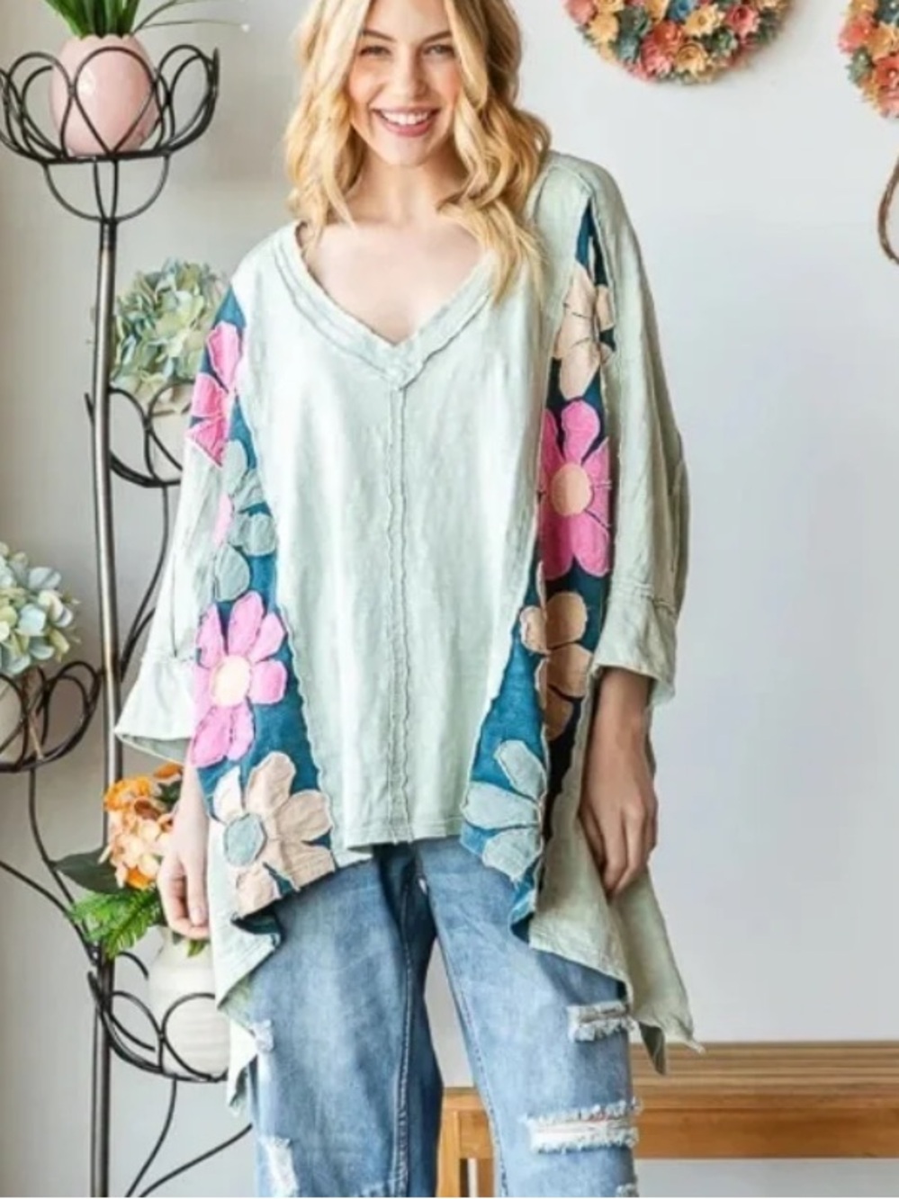 Oli & Hali Mint Floral Panel Oversized Top